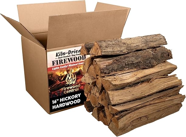 Firewood Central Kiln-Dried PA Hickory – 16” Splits (Approx. 38 lb) – Long Burn, Smoking Wood for Cooking, Grills & Fire Pits – Easy Light, Low Smoke, USA-Sourced